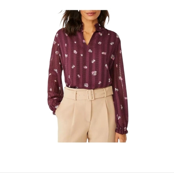 Ann Taylor Womens Burgundy Floral Ruffle Neck Shirred Chiffon Blouse Size Small - Picture 10 of 10